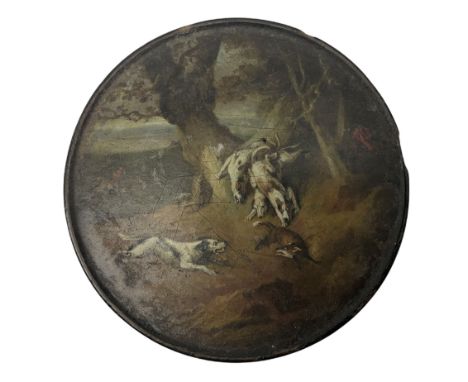 19th century&nbsp;papier-mâché box, of circular form, the lid painted with a hunting scene, D10cm