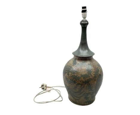 Stoneware lamp of baluster form decorated with birds and oak leaves, in sage green and oatmeal colourway, H63cm incl fitting