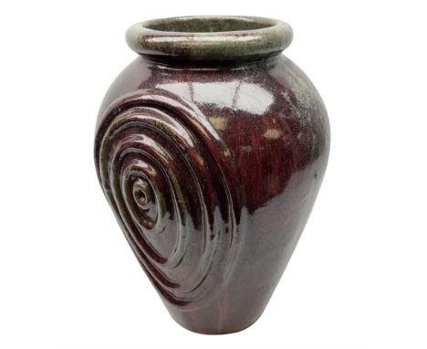 Large studio stoneware pottery planter/vase of baluster form, decorated with mottled dark red and duck egg blue design, H48cm