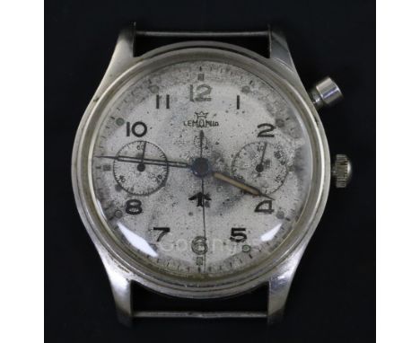 A gentleman's 1940's/1950's? stainless steel Lemania British military issue Royal Navy single button chronograph manual wind 