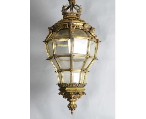 A late 19th century Louis XIV style 'Versailles' type ormolu and bevelled glass lantern Dia. 1ft 2in. Drop. 3ft.