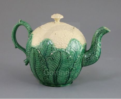 A Staffordshire creamware cauliflower teapot and cover, circa 1770-80, naturalistically modelled as a cauliflower with green 