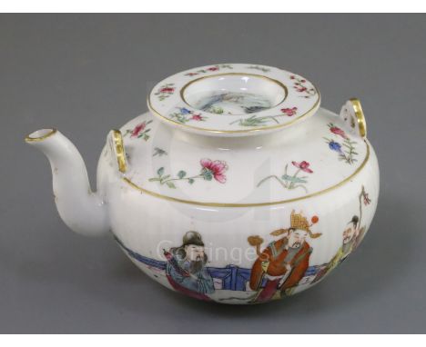 A Chinese famille rose teapot and cover, Xianfeng mark and of the period (1851-61), the ribbed body painted with immortals in