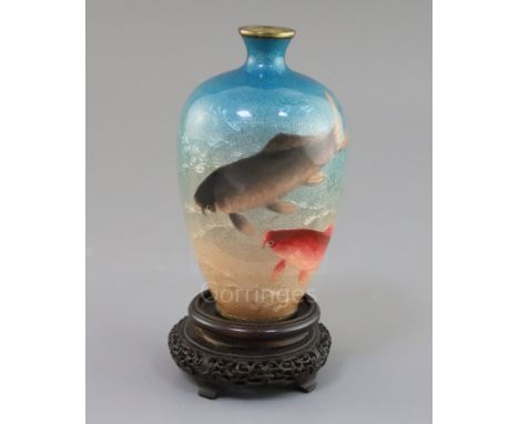 A Japanese wireless cloisonne Ginbari enamel 'carp' vase, by Ogasawara Shuzo, Meiji Period, decorated with two koi carp swimm