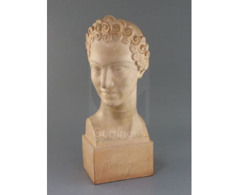H. Bargas. A French Art Deco terracotta head of a classical beauty, signed, height 19in.