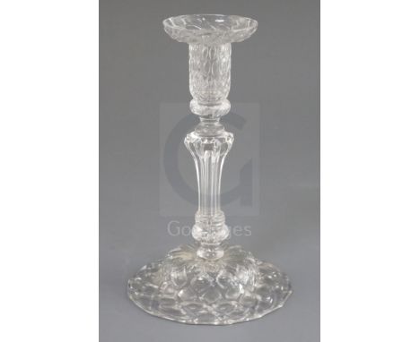 A pedestal stem glass candlestick, circa 1740, with honeycomb moulded sconce and base and Silesian stem, H 21.5cmcollection l