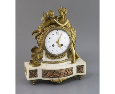 A 19th century French ormolu, white marble and copper eight day mantel clock, surmounted with figures of Venus and Cupid, wit