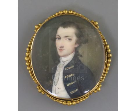 18th century English Schooloil on ivoryMiniature portrait of a gentleman wearing a blue coat1.5 x 1.25in., gold brooch frame