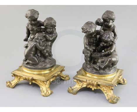 After Paul Emile Machault (1800-1866). A pair of 19th century bronze groups of putti playing dice and weeping, signed in the 