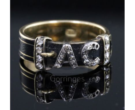 A Victorian gold, black enamel and rose cut diamond set mourning ring, with 'AC' initialled motif and inner shank inscribed "