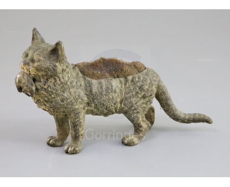 A 19th century Austrian cold painted bronze pen brush, modelled as a cat with rat in its mouth, 7.5in.