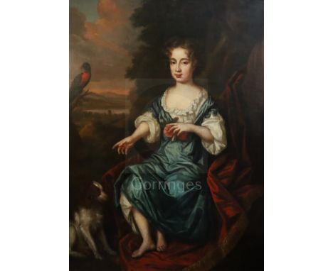 Circle of Sir Peter Lely (1618-1680)oil on canvasPortrait of a child seated beside a spaniel, a perched parrot and landscape 