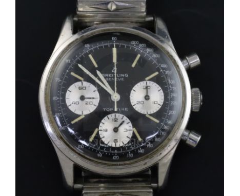 A gentleman's 1960's stainless steel Breitling Top Time chronograph manual wind wrist watch, the black dial with three silver