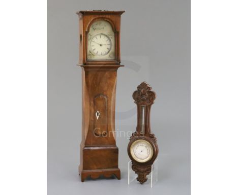 A Victorian mahogany miniature longcase clock, with watch movement, height 14.75in., and a late Victorian miniature mahogany 