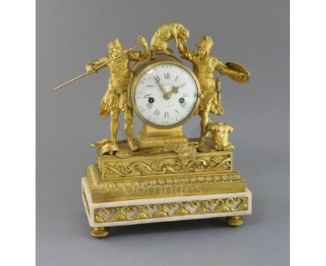 Viger of Paris. A Louis XVI ormolu and white marble mantel clock, modelled with figures of Roman soldiers and military trophi