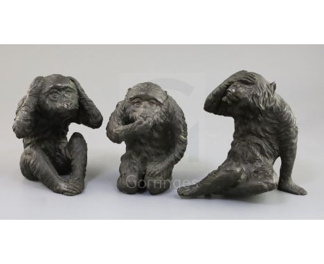 A set of Japanese bronze okimono of the three wise monkeys, Meiji period, Mizaru, covering his eyes, who sees no evil, with t