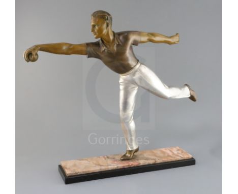 A French Art Deco patinated spelter figure of a boules player, on two colour marble plinth, height 20.5in.