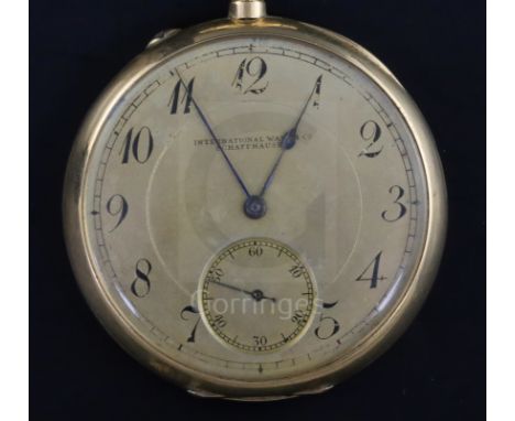 An engine turned 14ct gold International Watch Co. open face keyless pocket watch, with Arabic dial and subsidiary seconds.