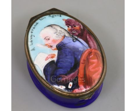 An early 19th century Bilston enamel snuff box, decorated with a lawyer and the devil and inscribed 'a lawyer and his agent',