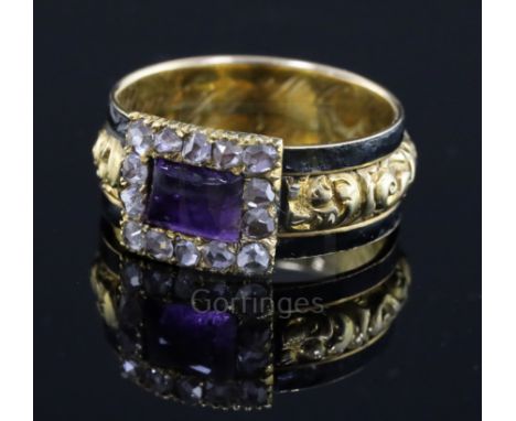 A George IV gold, black enamel, foil backed amethyst and rose cut diamond set mourning ring, with amethyst and diamond rectan