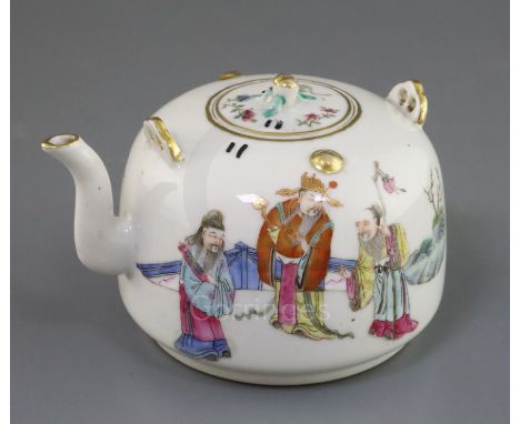 A Chinese famille rose teapot and cover, Xianfeng mark and of the period (1851-61), painted with immortals in a landscape, 15