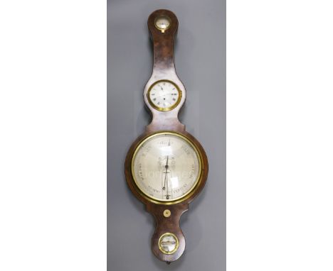 J. Somalvico, Hatton Garden. An early 19th century strung mahogany wheel barometer with hygrometer, timepiece, dial incorpora