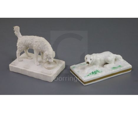 Two Rockingham porcelain figures of a setters, c.1830, the first recumbent on a rectangular base with green enamel patches an