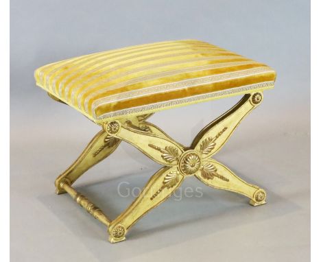 A 19th century Continental giltwood X frame stool, 2ft x 1ft 8in. H. 1ft 8in.