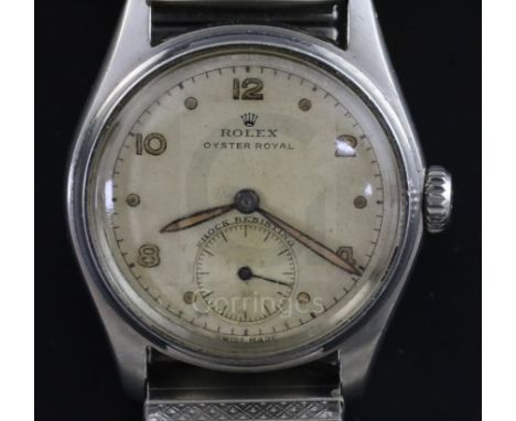 A gentleman's stainless steel Rolex Oyster Royal manual wind wrist watch, with Arabic and dot numerals and subsidiary seconds