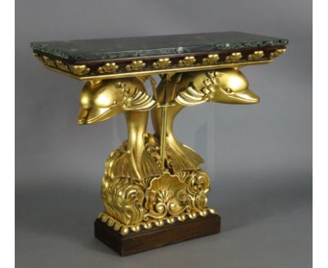 A Regency style giltwood and mahogany console table, with green marble top and twin dolphin underframe, W.3ft 3in. D.1ft 3in.
