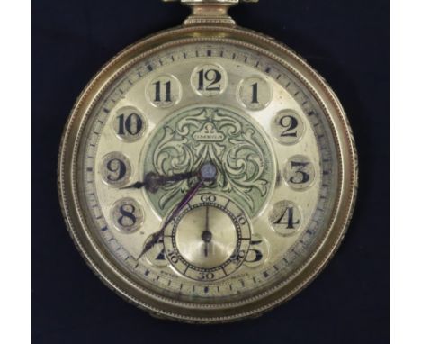 An early 20th century 14ct gold and black enamel Omega open face keyless dress pocket watch, with Arabic numerals and subsidi