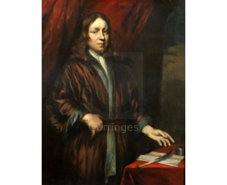 Hendrik Berckman (1629-1679)oil on wooden panelThree quarter length portrait of a gentleman standing at a writing tablesigned