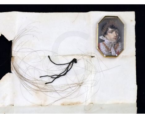 Napoleon Bonaparte interest: A lock of his hair, known as 'Boney's Whiskers' and a portrait miniature of Napoleon complete wi