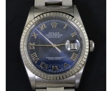 A gentlemans' 2003 Rolex stainless steel Oyster Perpetual Datejust Superlative Chronometer with blue Roman dial, original box