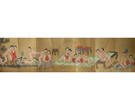 A Chinese erotic hand scroll, early 20th century, depicting erotic scenes painted on silk, inscribed, image 18cm x 116cm