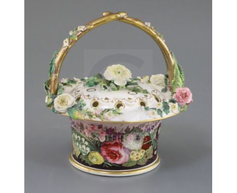 A rare and fine Rockingham porcelain pot pourri basket and cover, 1830-42, probably painted by Edwin Steele with a continuous