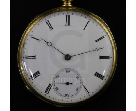 A Patek Philippe 18ct gold open face Roman dial pocket watch, cased, with 9ct gold watch chain and two swivel fob seals