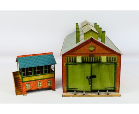 Hornby Series - A pair of unboxed O gauge tinplate buildings to include an Engine Shed and Signal box. Engine shed appears to