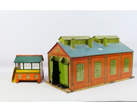 Hornby Series - A pair of unboxed O gauge tinplate buildings to include an Engine Shed and Signal box. Engine shed appears to