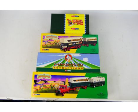 Corgi - 4 x boxed sets, ERF dodgem truck & trailer # 09901, Scammell Highwayman with trailer & caravan also in Pat Collins li