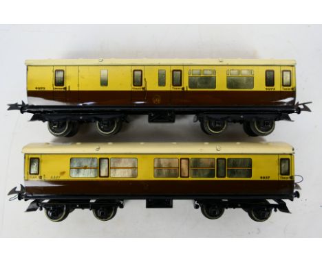 Hornby by Mecanno - two O Gauge GWR Coaches comprising No. 4073 all 3rd brake end Coach, and No. 6857 corridor Coach (1st and