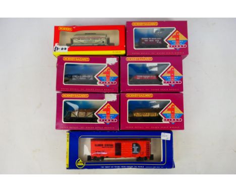 Hornby - AHM - 7 OO scale rolling stock. To include R040 Tildsley 4 Plank Wagon, R6122 20 Ton Tanker "The Distillers Company 