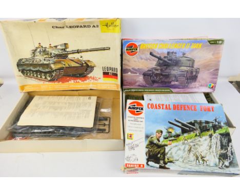 Airfix - Heller - 3 boxed model kits to include 822 Char Leopard A2 (1:35), 06706 Coastal Defence Fort and 07360 British Chal