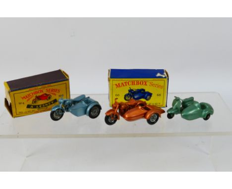 Matchbox - A group of motorcycles, a boxed Harley Davidson # 66, which appears Mint in a Good box, a Triumph 110 which appear