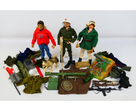 Palitoy - Action man - 3 action men, all stamped 1964. 1 has painted hair, 2 have flocked hair, all have painted eyes. Item a