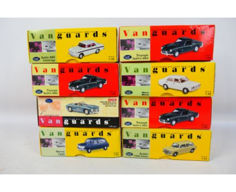 Vanguards - Eight diecast model motor vehicles by Vanguards, scale 1.43 to include Morris Marina 1800 Model No. VA06303, Triu
