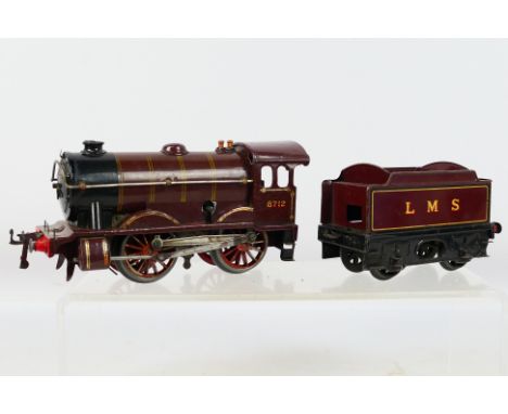 Hornby Series - Tinplate - An unboxed O gauge tinplate clockwork locomotive 0-4-0 LMS 8712 in Maroon Livery with tender. Item