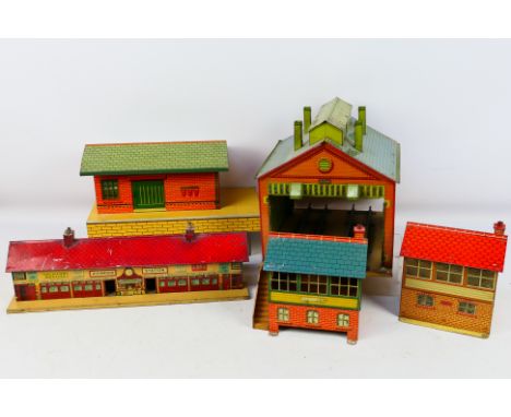 Whitanco - Hornby Series - Five unboxed tinplate O gauge buildings to include Richmond Station, Engine Shed, Signal Box and s