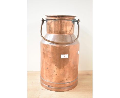 A large copper milk churn with impressed manufacturer mark 'S LEACH &amp; SONS LTD BRAFORD', h39cm