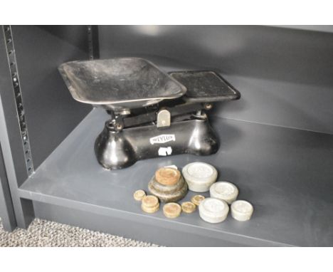 A set of vintage 'Weylux' scales in black with chrome pan and weights, w30cm.